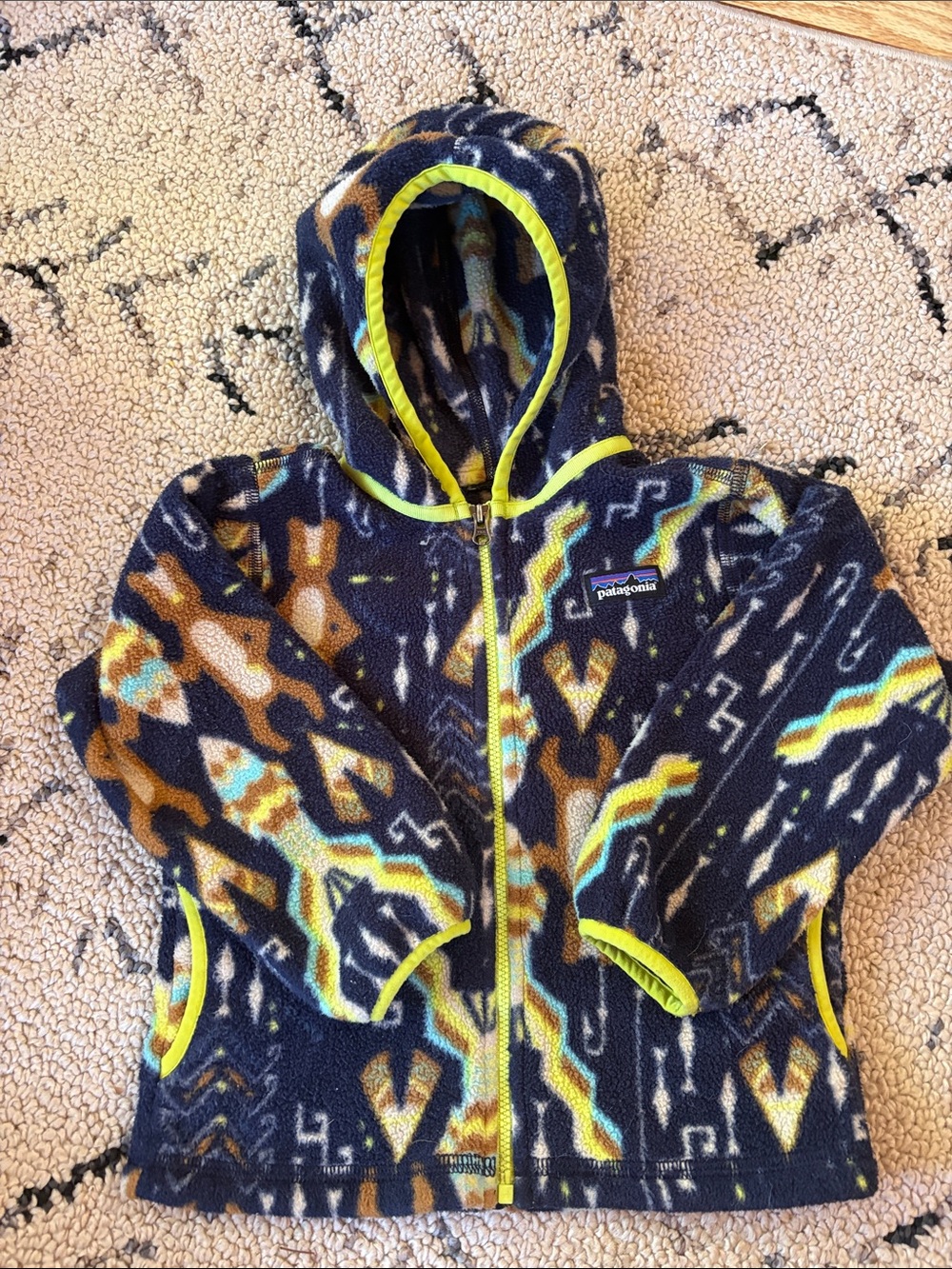 Patagonia Kids Navy, Yellow & Brown Patterned Hooded Fleece 2T